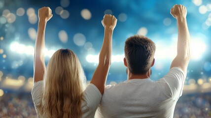 Sticker - A man and woman are standing in a stadium, both raising their hands in the air