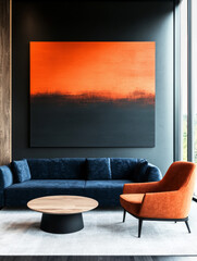 Canvas Print - Modern living room with a blue sofa and orange armchair.