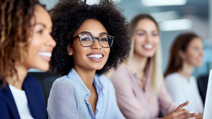 Wall Mural - A group of women are smiling and wearing glasses