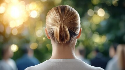 Poster - A woman with blonde hair is wearing a white shirt and has her hair in a bun