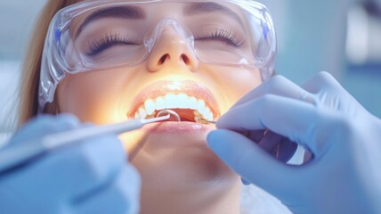 Sticker - A woman is getting her teeth cleaned by a dentist