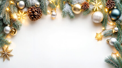 Poster - Festive Christmas Background with Pine Cones, Baubles, and Fairy Lights on White Surface