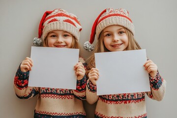 two children in matching holiday attire hold blank signs on a monochrome dark green background