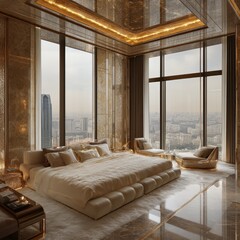 Poster - Luxurious bedroom with panoramic city view, large bed, and contemporary furniture.