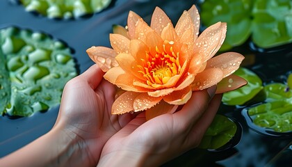 Canvas Print - Delicate hands cradling an orange lotus flower adorned with dewdrops, gracefully afloat on water amid lush lily pads