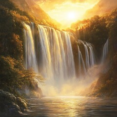 Canvas Print - Majestic waterfall cascading down a mountainside at sunset, creating a breathtaking natural spectacle.