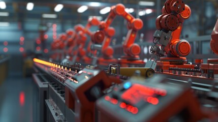 Wall Mural - Industrial Robots on an Assembly Line