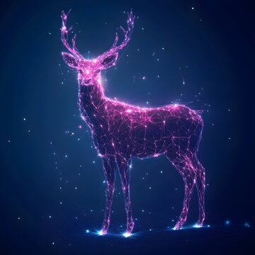 Polygonal deer glowing in the middle of lighting picture
