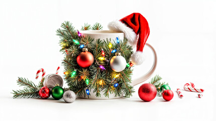 Poster - Festive Christmas Mug with Santa Hat and Holiday Decorations Including Ornaments, Lights, and Candy Canes