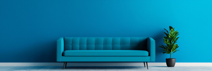 Canvas Print - Blue sofa with plant in a blue room.