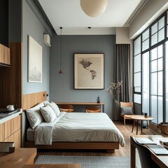 Canvas Print - Minimalist bedroom with a king-size bed, wooden furniture, and large windows.