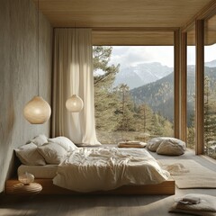 Wall Mural - Minimalist bedroom with large windows overlooking a mountain vista.