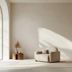 Wall Mural - Minimalist living room with a beige armchair, wooden side table, and a vase with dried flowers.