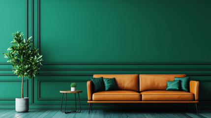 Wall Mural - A stylish living room with a brown leather couch and green walls.