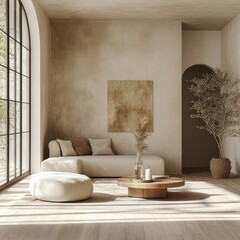 Canvas Print - Minimalist living room with a large window, a white couch, a round coffee table, and a potted plant.