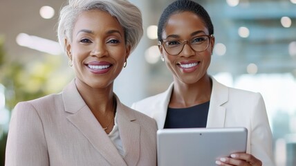 Two women are smiling and holding a tablet