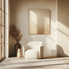 Canvas Print - Minimalist living room with white armchair, vase, and canvas on the wall.