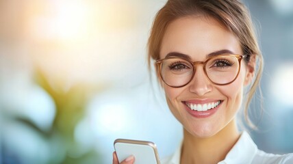 Poster - A woman with glasses is smiling and holding a cell phone