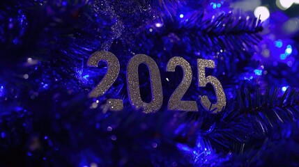 Happy New Year poster with golden letters 2025 on dark shimmering purple and dark blue background Happy Celebration Sparkles Banner Generative AI