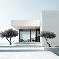 Minimalist white modern house with large windows and two olive trees in front.