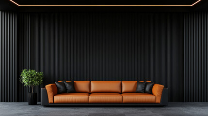 Sticker - Modern living room with a brown leather sofa and black wall panels.