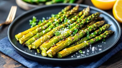 Roasted Asparagus with Lemon and Salt on a Dark Plate