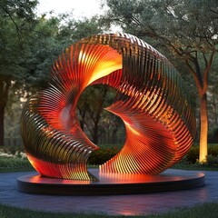 Sticker - Modern abstract metal sculpture in a park setting with warm lighting.