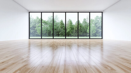 Poster - Empty room with large windows and wooden floor.