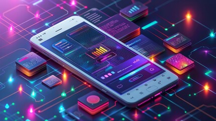 Digital smartphone white concept. Mobile application and program interface. Online shopping and electronic commerce. Software development. Landing page design. Isometric vector illustration 