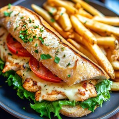 Grilled chicken breast sandwich with melted cheese and french fries