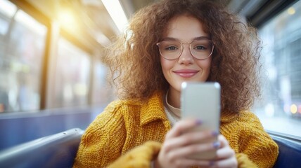 Poster - A woman with curly hair is sitting on a bus and looking at her cell phone