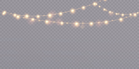 Wall Mural - Garland of Christmas lights. Festive bright lights of bulbs. Christmas light garland isolated on transparent background. For New Year and holiday design.