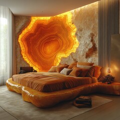 Poster - Modern bedroom with a large agate wall feature and a wooden bed frame.