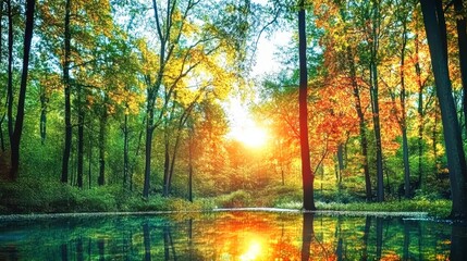 Beautiful sunset reflecting on the lake in the forest during autumn