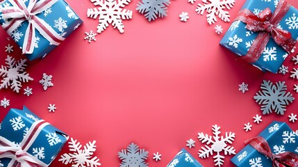 Wall Mural - Christmas Gift Boxes and Snowflakes with Happy New Year on Bright Pink Background, Cheerful Holiday Mood