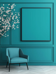 Wall Mural - Teal armchair in a minimalist room with a large black framed artwork.