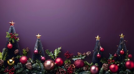 Wall Mural - Christmas Trees and Ornaments with Merry Christmas on Deep Purple Background, Cheerful Holiday Spirit