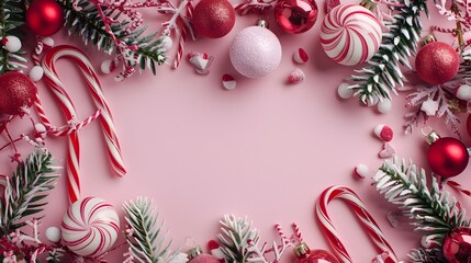 Sticker - Christmas Ornaments and Candy Canes with Merry Christmas on Soft Pink Background, Festive Holiday Spirit