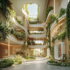 Poster - Modern building atrium with lush greenery, sunlight streaming through a skylight.