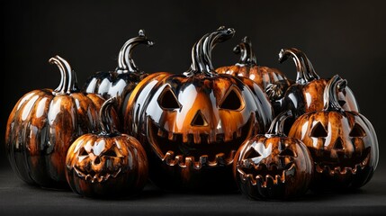 A spooky Halloween pumpkin with a carved, glowing face on a black background