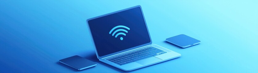 Modern devices connected to a wireless network, with a sleek laptop and mobile devices in a blue gradient background.
