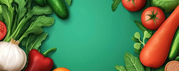 Vibrant assortment of fresh vegetables on a green background, perfect for healthy cuisine or cooking projects.