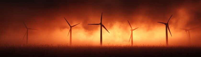 A dramatic sunset scene featuring wind turbines silhouetted against a fiery sky, showcasing renewable energy in nature's beauty.