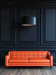 Poster - Orange couch in a room with dark wood paneling.