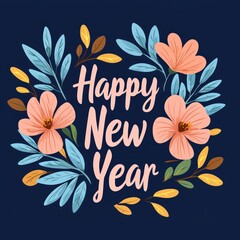 Wall Mural - A vibrant floral design celebrating the New Year with colorful flowers and leaves, perfect for festive occasions and greeting cards.