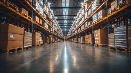 Poster - A futuristic warehouse filled with advanced exoskeletons for enhanced logistics and productivity