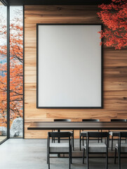 Poster - Blank canvas in a contemporary dining room with wood accents and a view of autumn foliage.