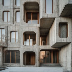 Poster - Modern concrete building with geometric windows and doors.