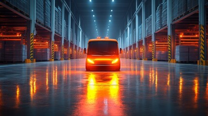 Poster - Autonomous mobile robots efficiently transporting goods in a modern warehouse at night