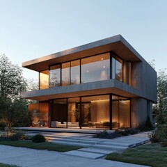 Canvas Print - Modern concrete house with large windows and a patio.